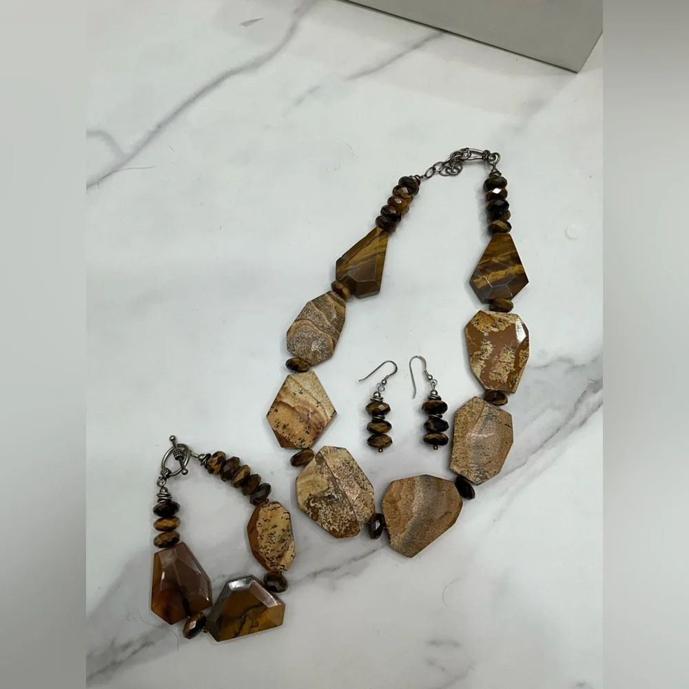Natural Stone & Tiger Eye 3 pc Statement Beaded Necklace Earrings Bracelet Brown